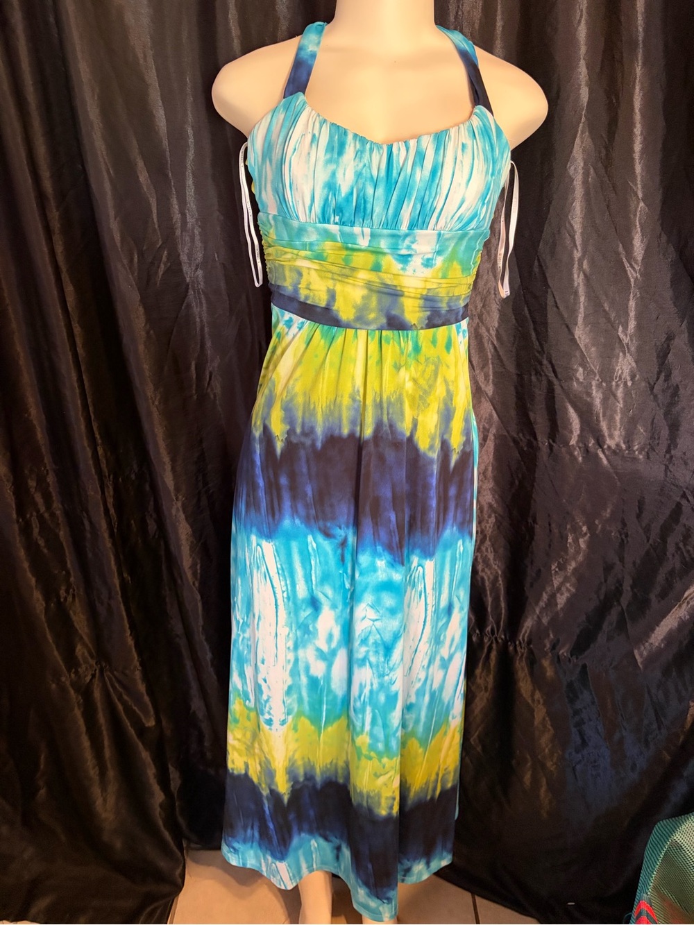 B Darlin Tie-Dye Halter Maxi Dress in Blue, Yellow & Navy